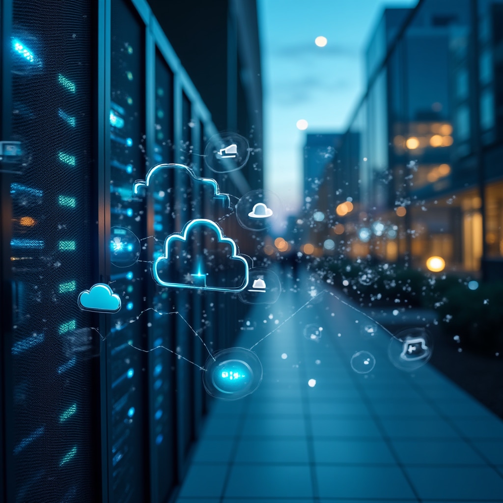Visualizzazione infrastruttura cloud con connessioni dati e nodi di rete