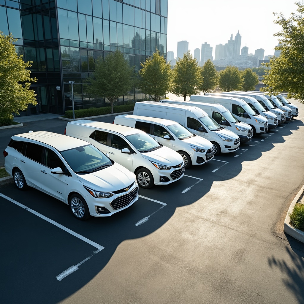 Flotta di veicoli aziendali parcheggiati in area aziendale organizzata